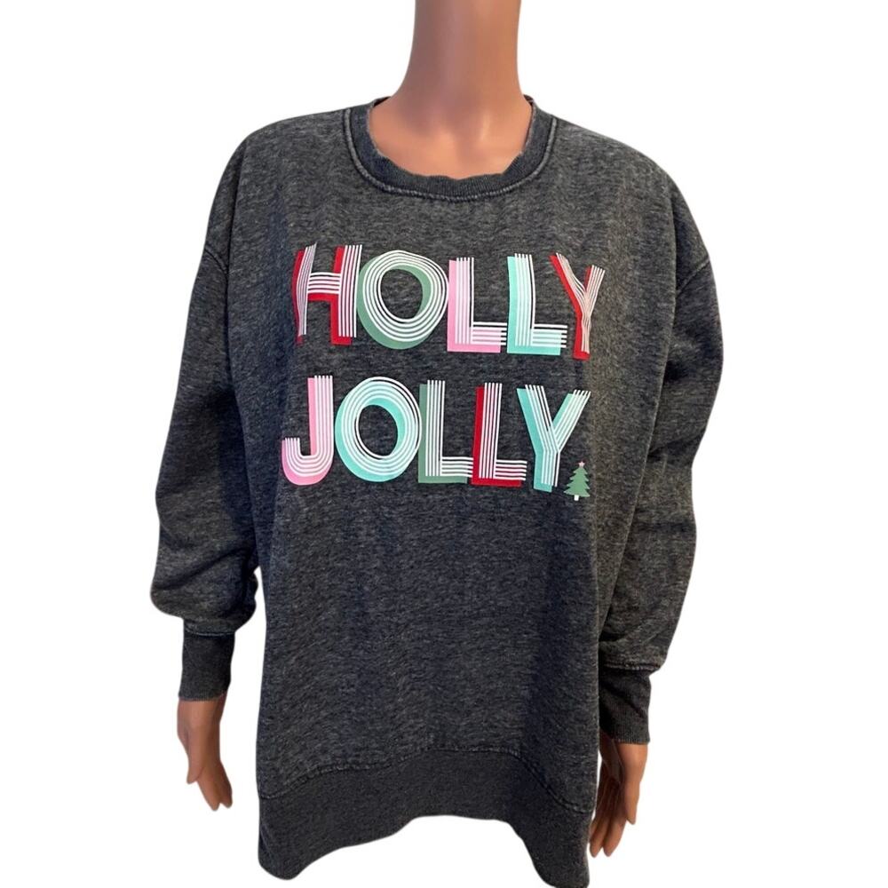NWOT Happy Vibes Only Dark Gray Christmas sweatshirt colorful Holly Jolly